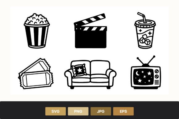Movie Night Icons Black White Vector Review